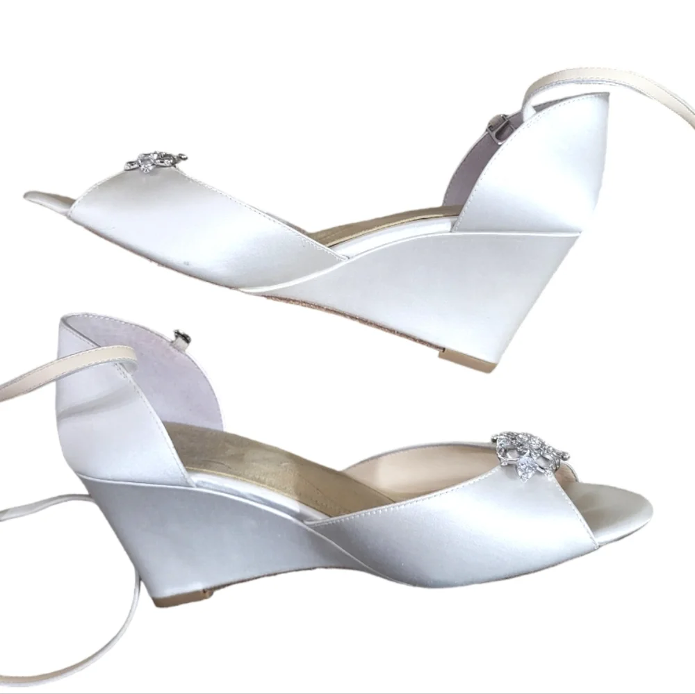 Angela Nuran Marlene Style Silk Ankle Strap Wedge Wedding Shoes with Rhinestones